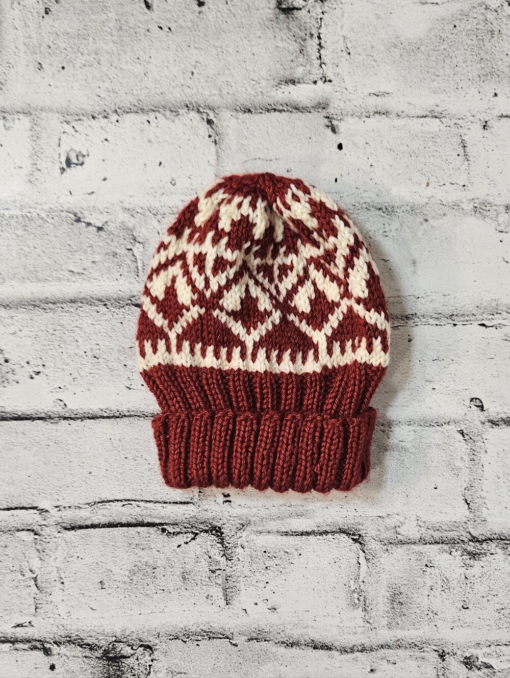 Red Cream Fair Isle Knit Cuffed Beanie Winter Hat One Size